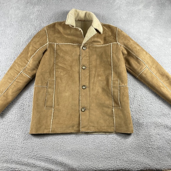 next Other - Marlboro Man Coat Mens Large Tan Sherpa Lined Modern NEXT Faux Suede 70s Cowboy